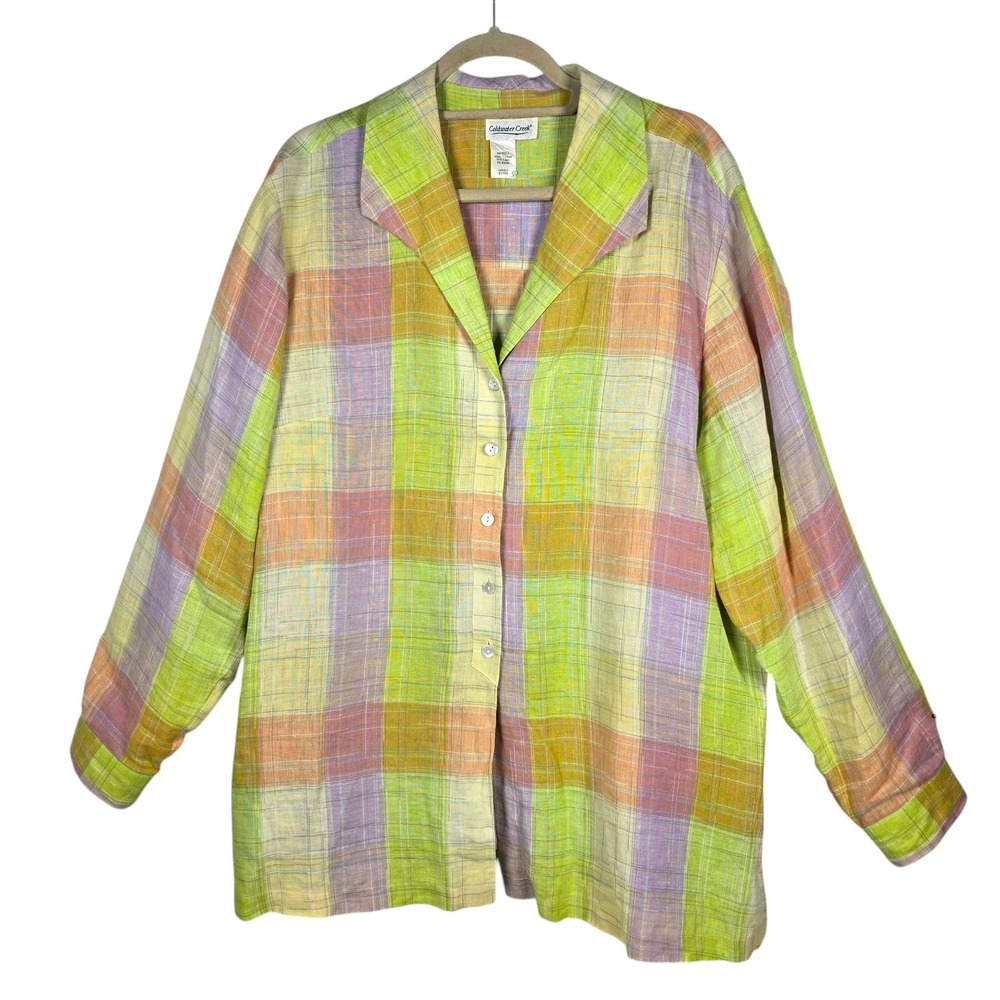 Coldwater Creek Women XL Linen Blend Plaid Button Down‎ Shirt Green Purple Boho